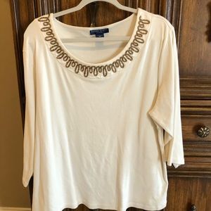 Cream Colored Karen Scott Beaded Accent 3/4 Sleeve Top- Plus Size 2X